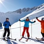 ** A group of diverse skiers, some anxious, some enthusiastic, gathered at the base of a gentle slope. A friendly instructor demonstrates basic skiing techniques with playful gestures. Bright sunlight and snowy mountain peaks in the background. Focus on capturing the initial evaluation and welcoming atmosphere.

**