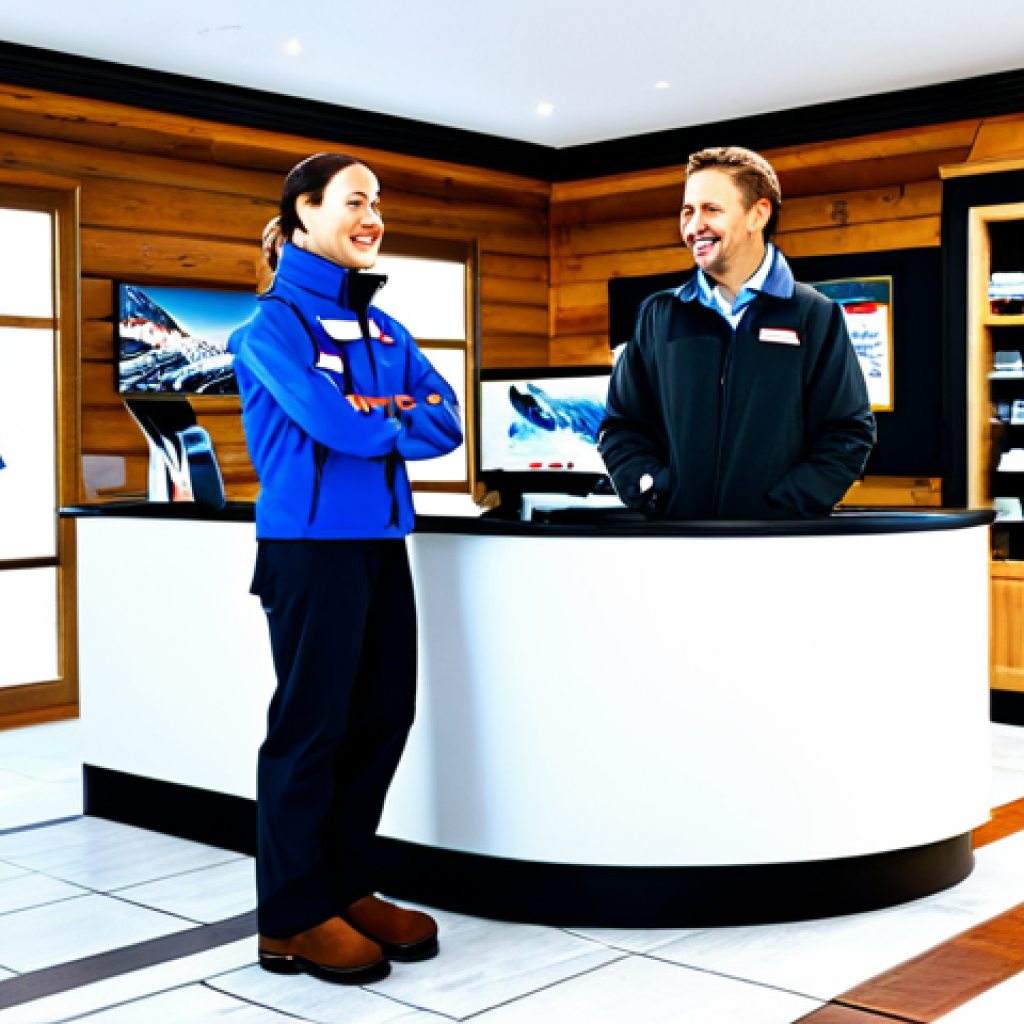 스키 강사의 장비 렌탈 고객 관리 - Welcoming Reception**
"A bright and inviting ski rental shop reception area, professional staff ass...