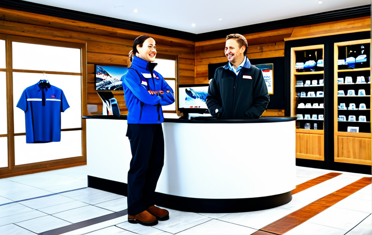 스키 강사의 장비 렌탈 고객 관리 - Welcoming Reception**
"A bright and inviting ski rental shop reception area, professional staff ass...