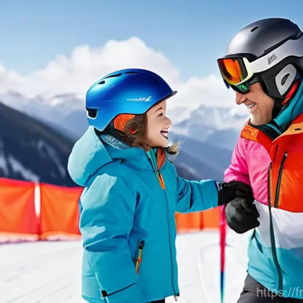 스키 강사의 성취감을 느낀 순간 - **A heartwarming moment on the slopes:** A seasoned male ski instructor in his 40s, wearing a bright...
