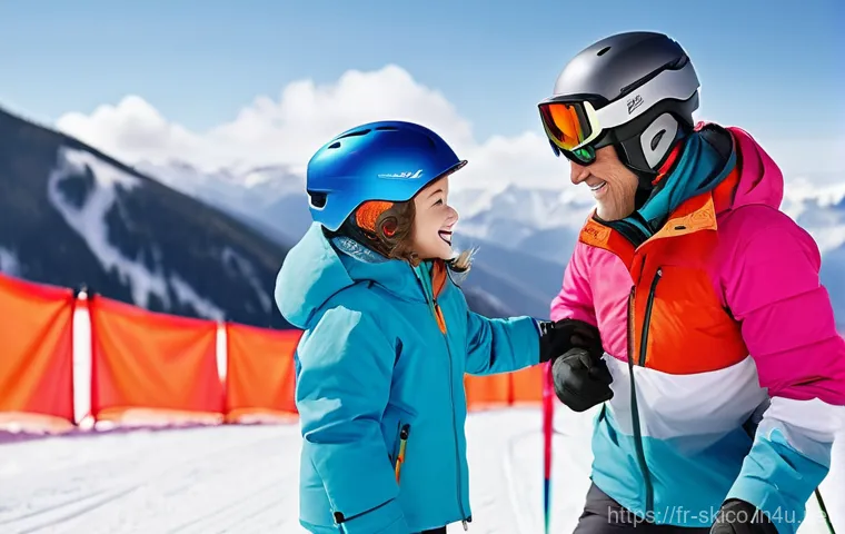 스키 강사의 성취감을 느낀 순간 - **A heartwarming moment on the slopes:** A seasoned male ski instructor in his 40s, wearing a bright...
