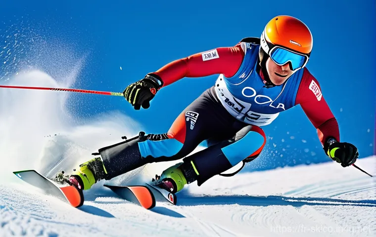 스키 강사 필수 자격 요건 - A focused male ski instructor candidate, in his early twenties, dressed in advanced professional ski...