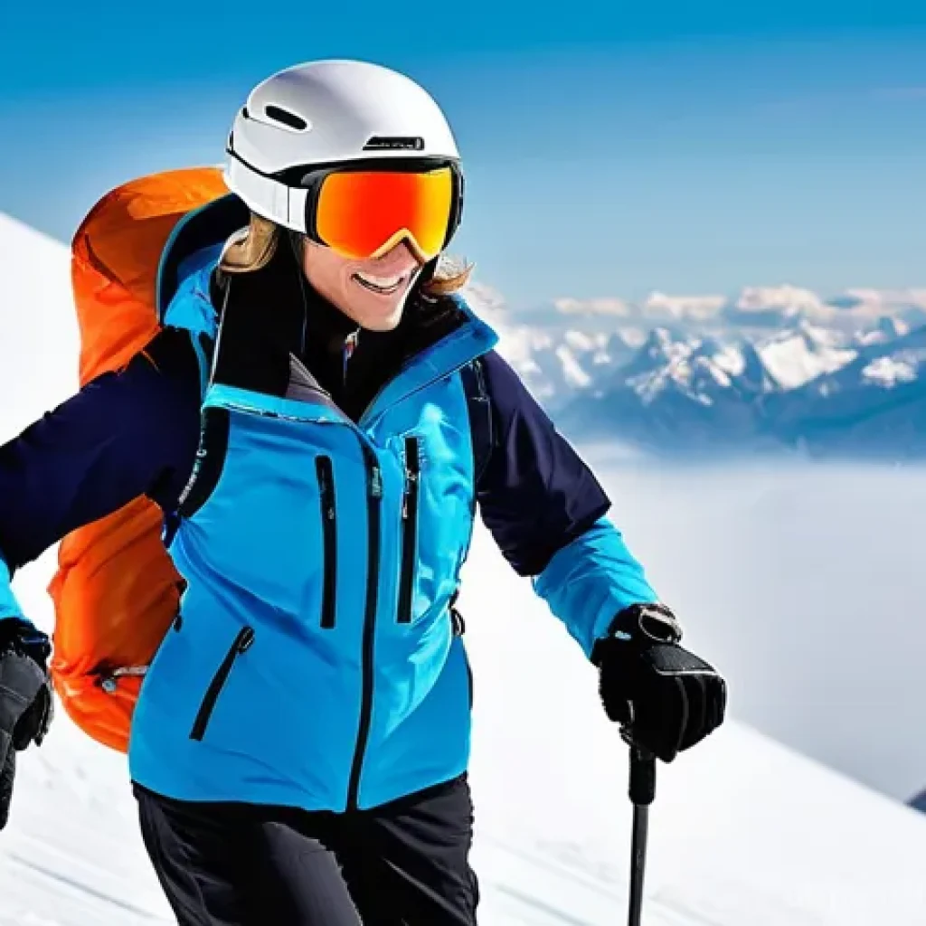 스키 강사로서의 패션 및 의상 팁 - **Prompt 1: Dynamic Ski Instructor Demonstrating Layered Performance on Sunny Slopes**
"A female...