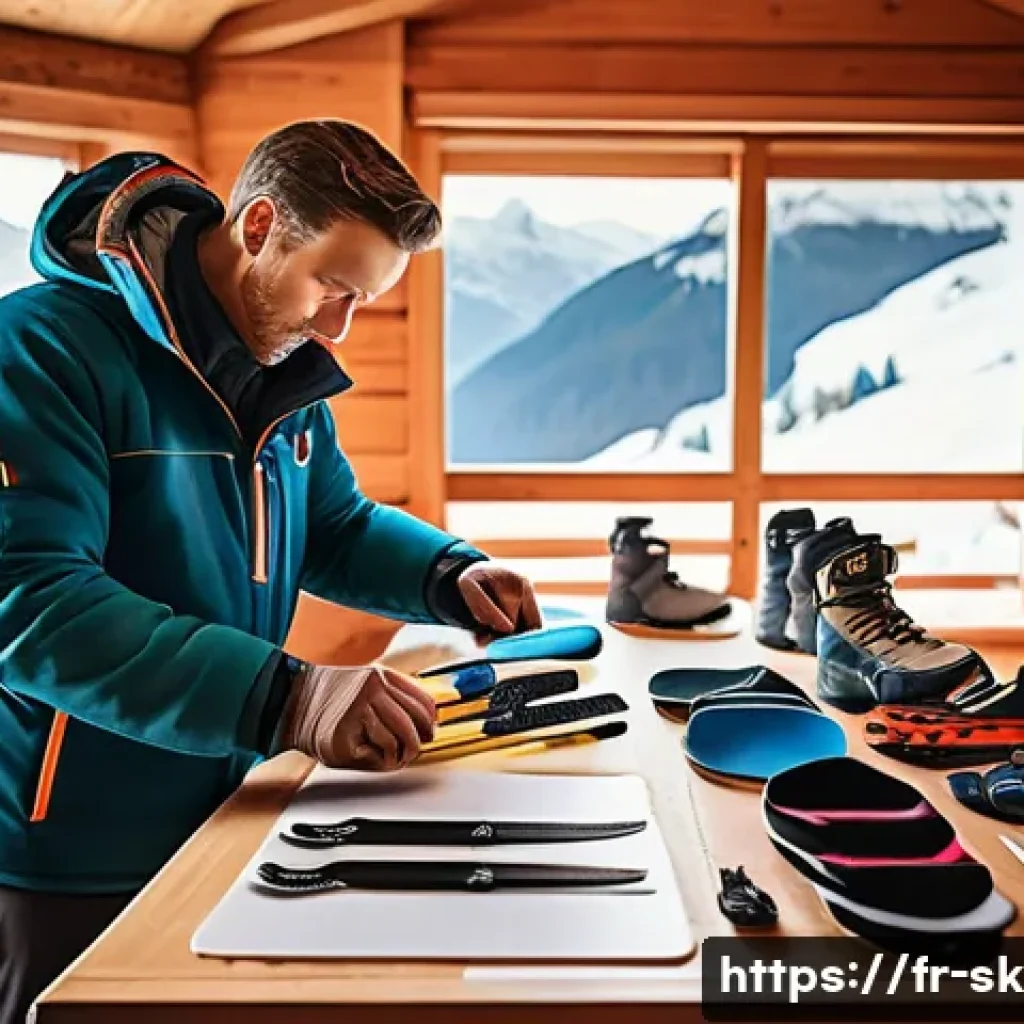 스키 강사의 여행 준비 요령 - A detailed scene of a professional ski instructor preparing and organizing high-quality ski equipmen...