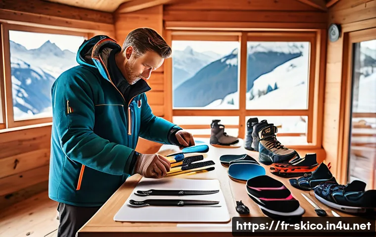 스키 강사의 여행 준비 요령 - A detailed scene of a professional ski instructor preparing and organizing high-quality ski equipmen...