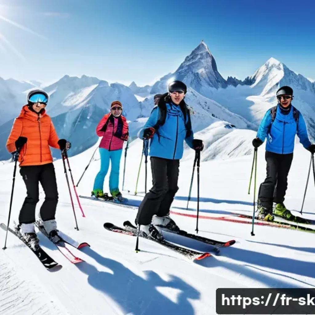 스키 강사의 글로벌 시장 기회 - A professional ski instructor teaching a diverse group of students on a snowy European alpine slope,...