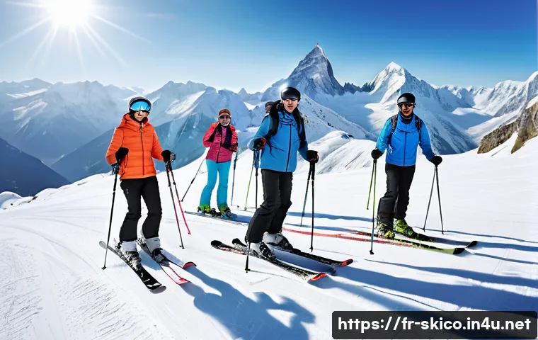 스키 강사의 글로벌 시장 기회 - A professional ski instructor teaching a diverse group of students on a snowy European alpine slope,...
