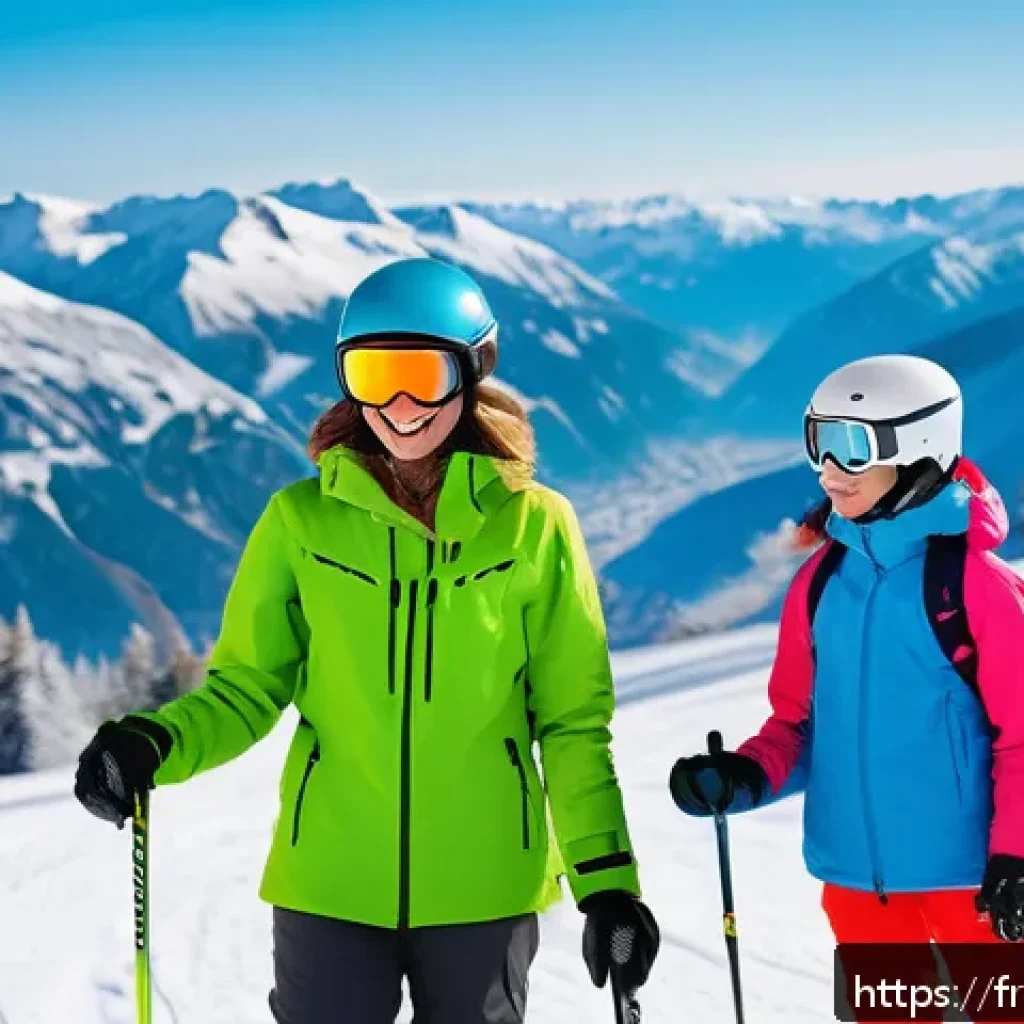 스키 강사의 강의 스타일 실험 - A diverse group of beginner skiers wearing colorful ski jackets and helmets, all dressed in appropri...