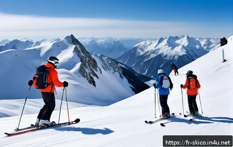 스키 강사의 안전사고 방지 사례 - A detailed winter mountain ski scene showing a diverse group of skiers on a snow-covered alpine slop...