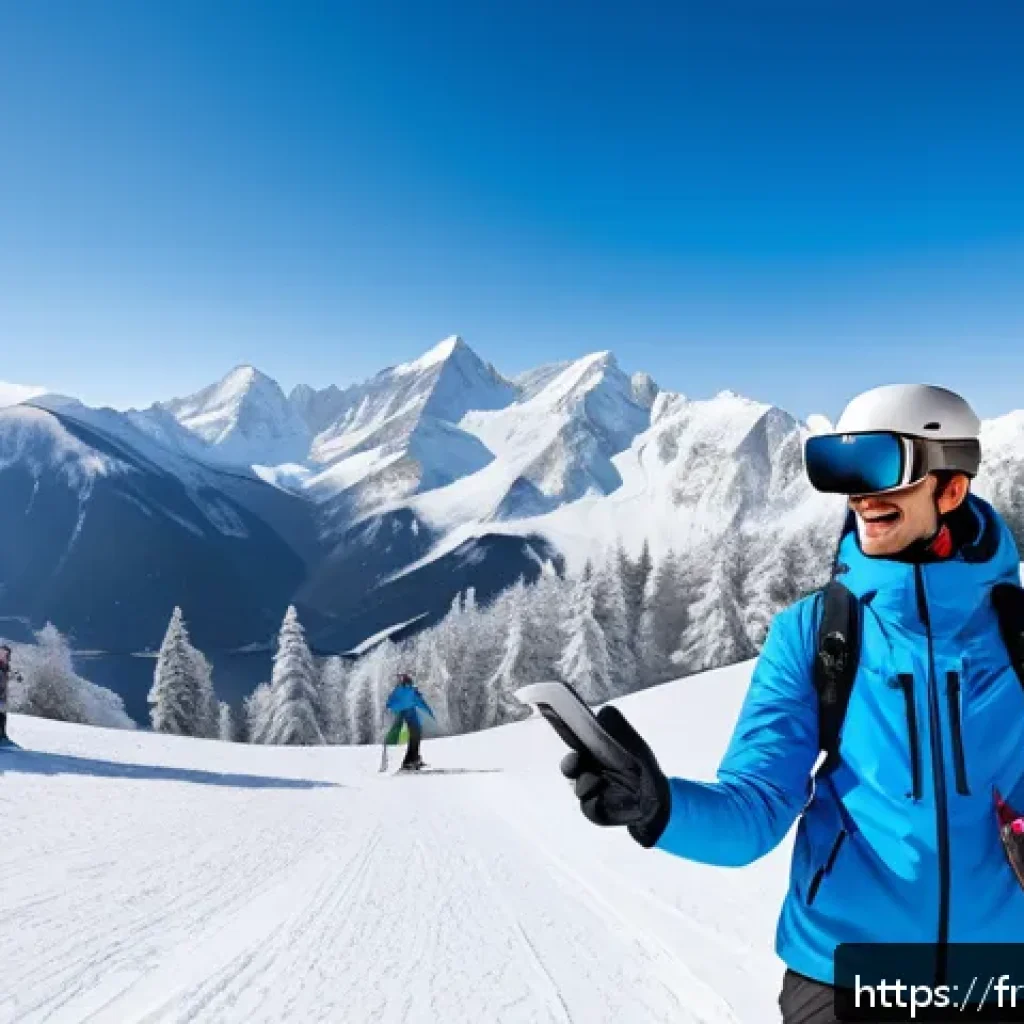 스키 강사의 고객 지향적 접근법 - A modern ski instructor wearing warm, stylish winter gear and a VR headset, standing on a snowy moun...