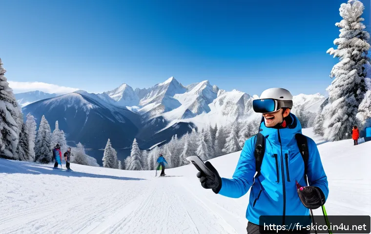 스키 강사의 고객 지향적 접근법 - A modern ski instructor wearing warm, stylish winter gear and a VR headset, standing on a snowy moun...