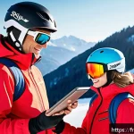 스키 강사의 고객 기반 확대 비법 - A professional ski instructor guiding a diverse group of clients on a snowy mountain slope, each wea...