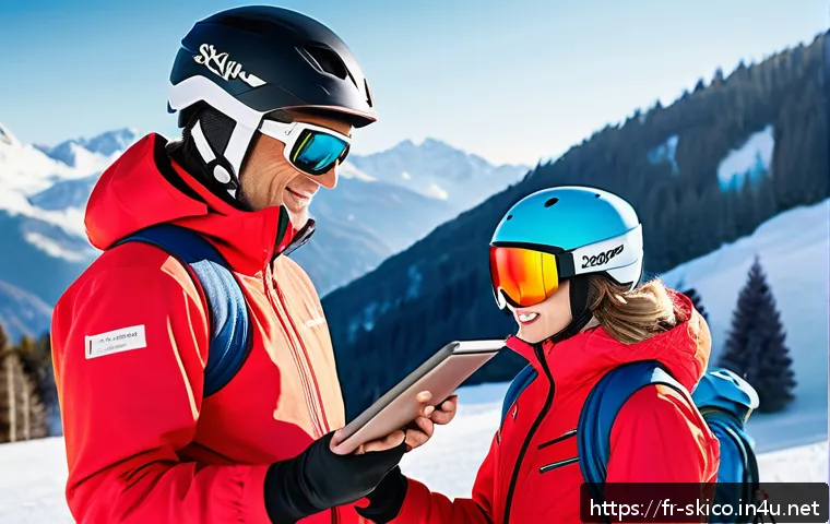 스키 강사의 고객 기반 확대 비법 - A professional ski instructor guiding a diverse group of clients on a snowy mountain slope, each wea...