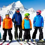 스키 강사의 새로운 강의 방법 - A confident ski instructor teaching a group of beginner skiers on a snowy French Alps slope, focusin...