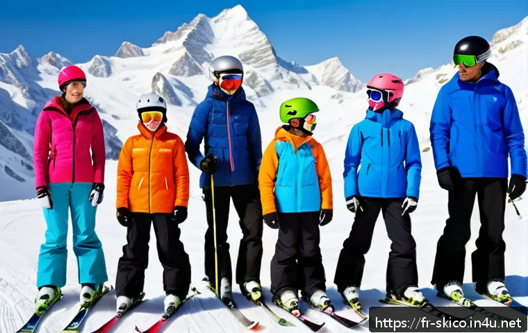 스키 강사의 새로운 강의 방법 - A confident ski instructor teaching a group of beginner skiers on a snowy French Alps slope, focusin...