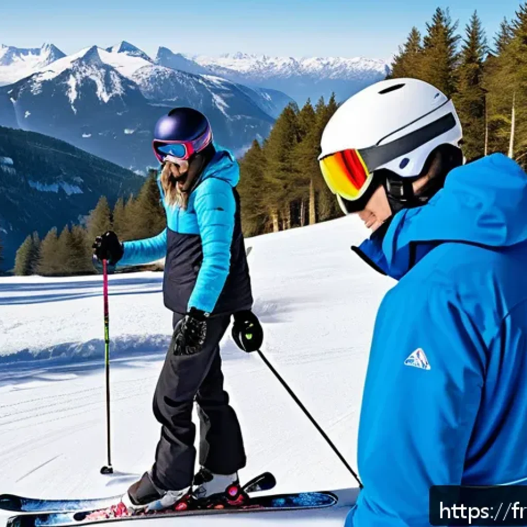 스키 강사의 고객 맞춤형 레슨 설계 - A professional ski instructor attentively observing a beginner skier on a gentle snowy slope in the ...