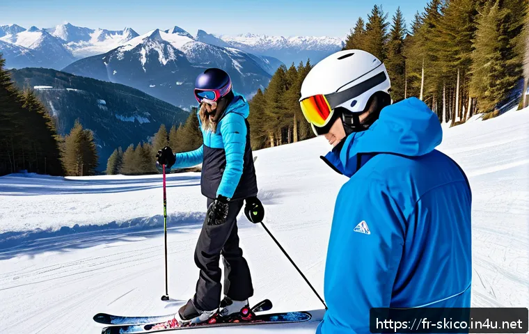 스키 강사의 고객 맞춤형 레슨 설계 - A professional ski instructor attentively observing a beginner skier on a gentle snowy slope in the ...