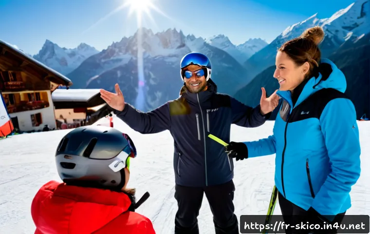 스키 강사의 다문화 고객 응대 사례 - Photorealistic ski instructor warmly assisting a diverse French-speaking family at a snowy alpine re...